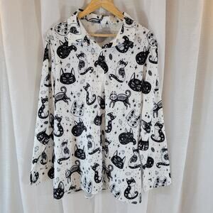 Cat Print Long Sleeve Blouse Women’s 2XL Witchy Celestial Galaxy Shirt Shein